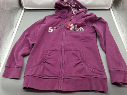 Kinder-Sweatjacke lila mit Kapuze und Blumenmuster, Größe 128/134