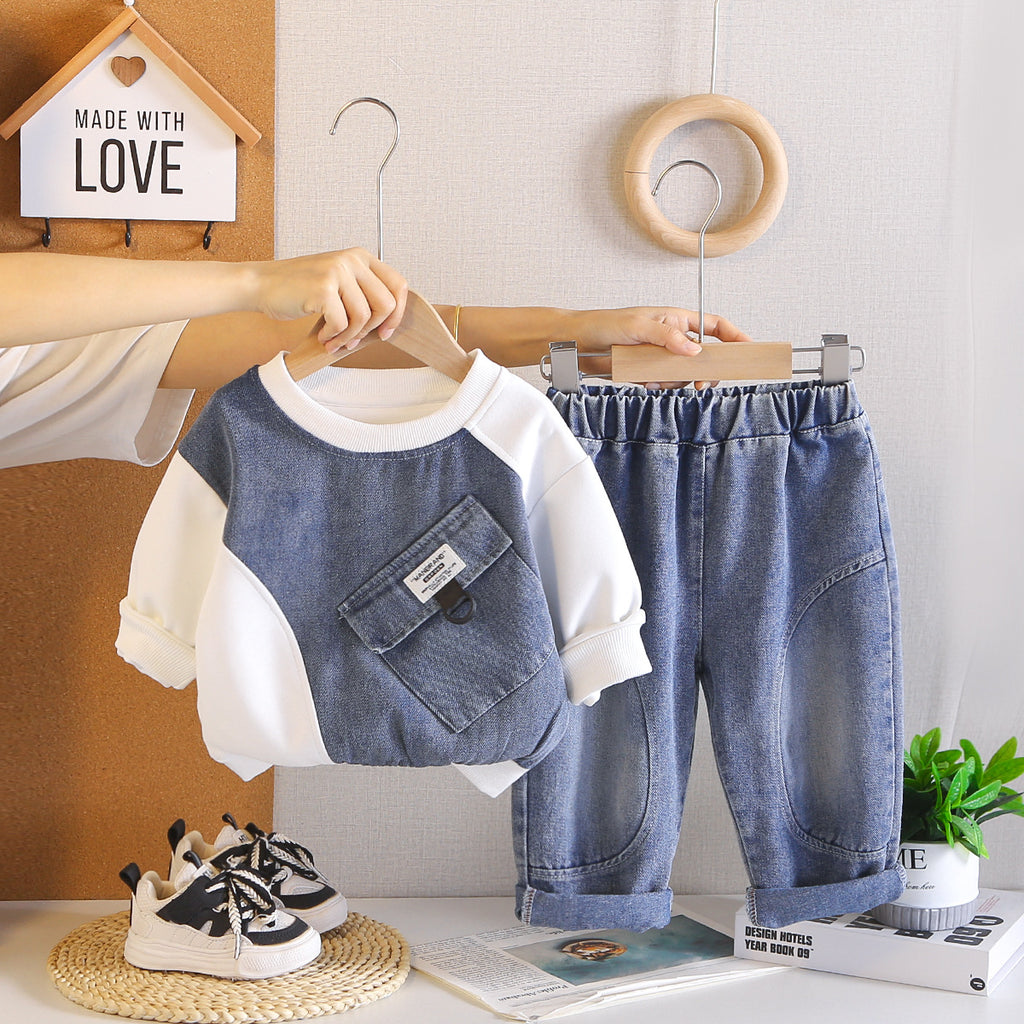 Casual patchwork hoodie long sleeved two-piece set