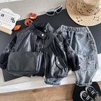 Children's Spring and Autumn Leather Coat Vest Shoulder Bag Long Sleeve Three Piece Set