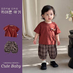 Burgundy Plaid Short Sleeve T-Shirt  Length Cuffed Pants Set for Boys