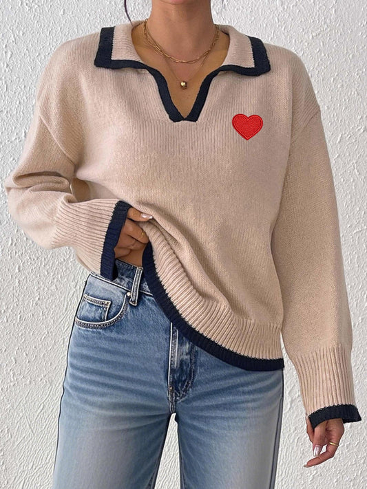 Damen Pullover mit Kerbkragen, Colorblock-Patchwork und Herz-Applikation