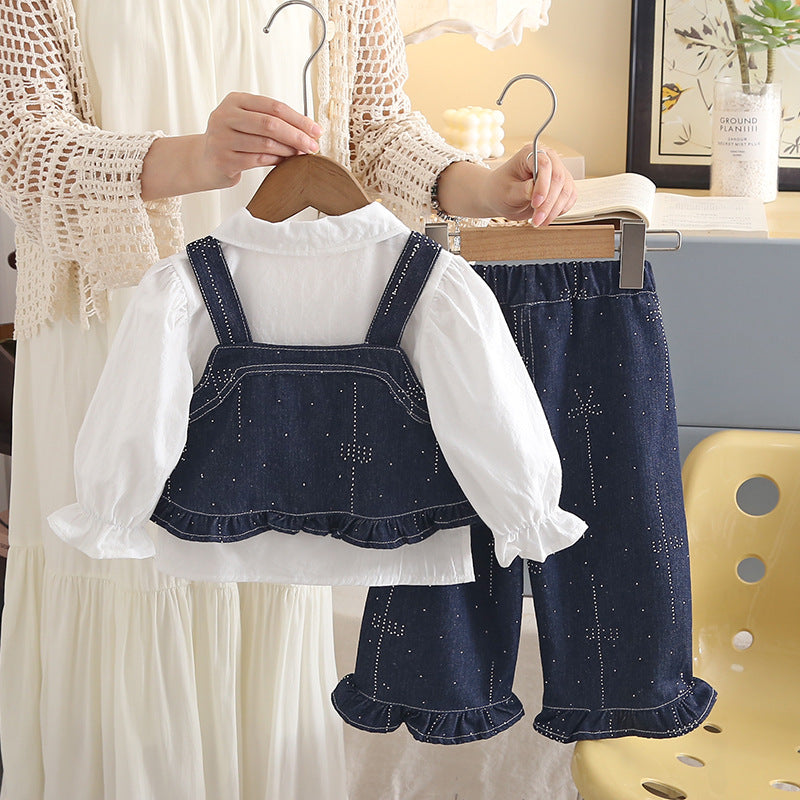 Baby girl denim suspender long sleeved three piece set