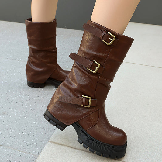 Kurzstiefel Damen mit Schnalle, Blockabsatz, zum Reinschlüpfen