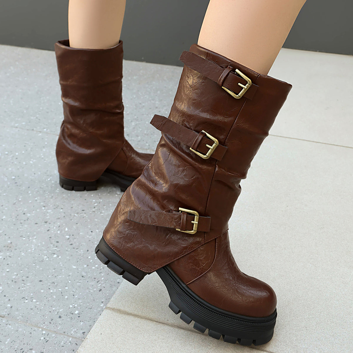 Damen Kurzstiefel mit dickem Absatz, High Heel, Gürtelschnalle, Slip-On
