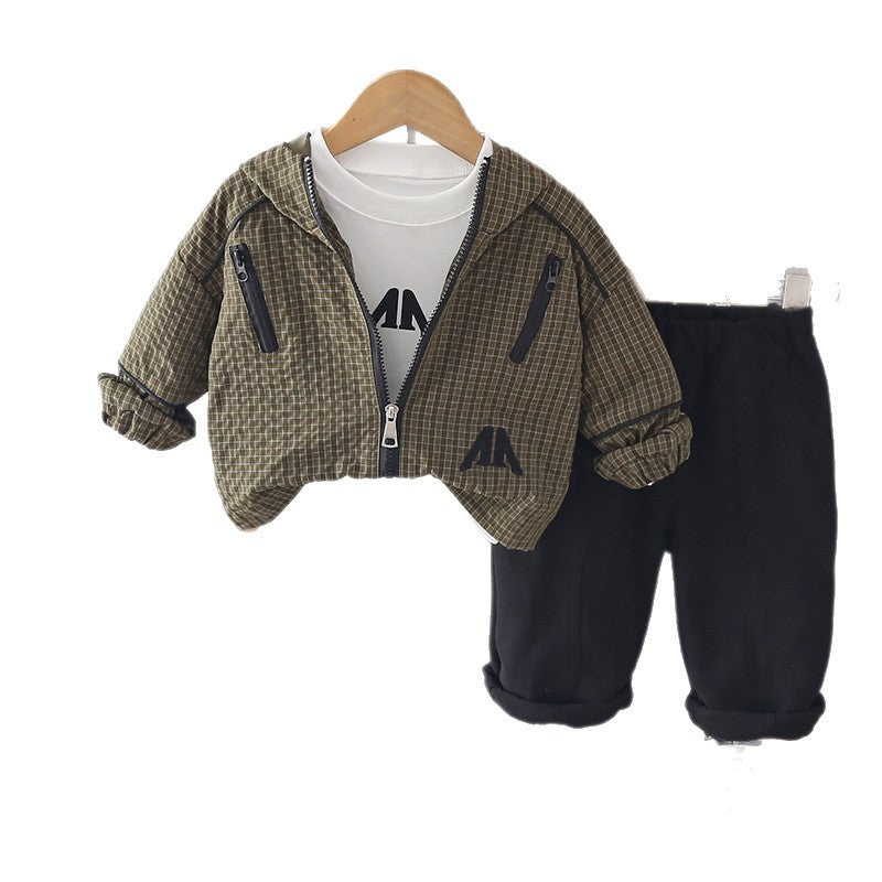 Baby Spring and Autumn hooded sports long sleeved three piece set