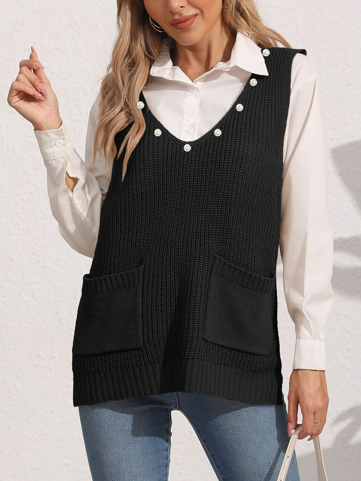 Damen-Weste mit Doppeltasche, Patchwork, V-Ausschnitt, ärmellos mit Perlenbesatz