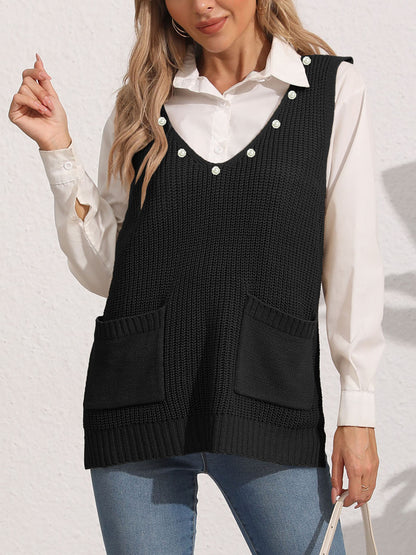 Damen-Weste mit Doppeltasche, Patchwork, V-Ausschnitt, ärmellos mit Perlenbesatz