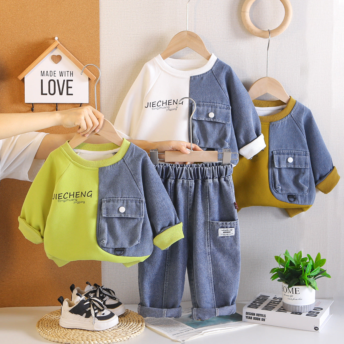 Spring and Autumn Splicing Long Sleeve Hoodie Two Piece Set for Men