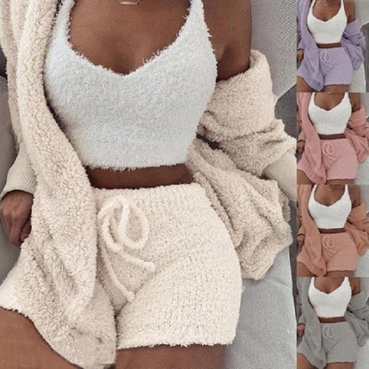 3-teiliges Damen Schlafanzug Set, Langarm Crop Top und Shorts