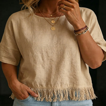 Damen Rundhals Kurzarm Quasten Baumwoll-Leinen Bluse – Ansicht 3