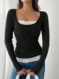 Fashion Simple Round Neck Lace Panel Single Button Slim Fit Long Sleeve Top