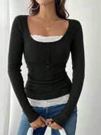 Fashion Simple Round Neck Lace Panel Single Button Slim Fit Long Sleeve Top
