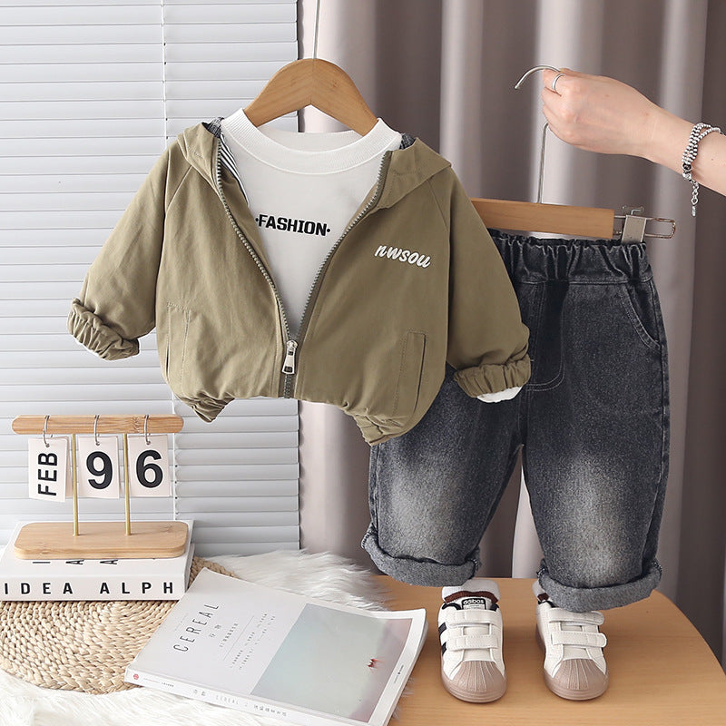Hooded jacket long sleeved three piece set for children