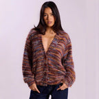 Fashionable Vintage Deep V-Neck Melange Fleece Long Sleeve Cardigan