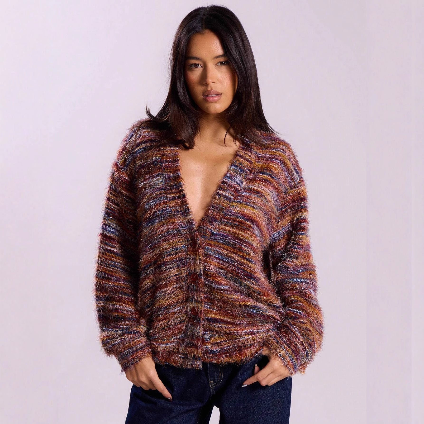 Fashionable Vintage Deep V-Neck Melange Fleece Long Sleeve Cardigan