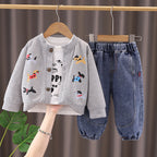 Children's cartoon cardigan long sleeved three piece set