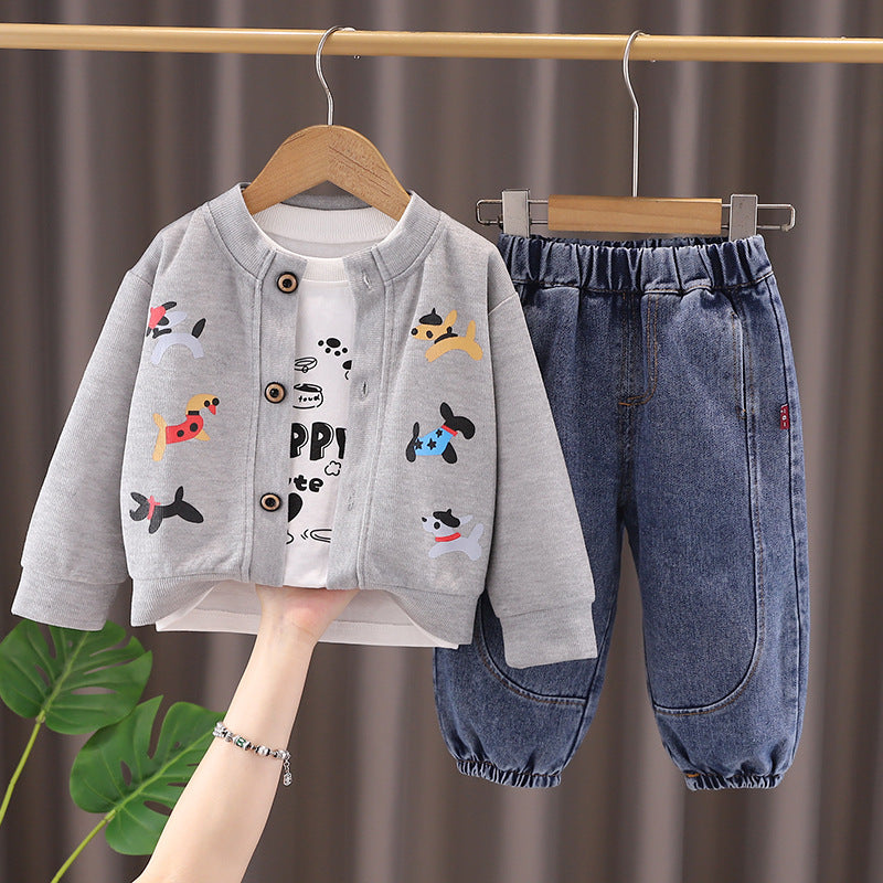 Children's cartoon cardigan long sleeved three piece set