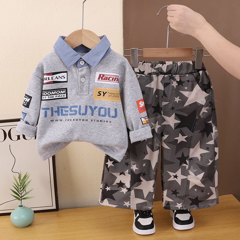 Baby boy casual long sleeved polo shirt two-piece set
