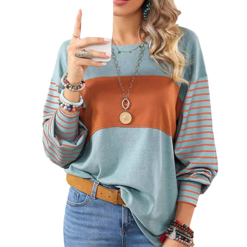 Women's casual color-blocked striped long sleeve round neck pullover t-shirt