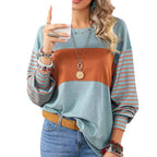 Women's casual color-blocked striped long sleeve round neck pullover t-shirt