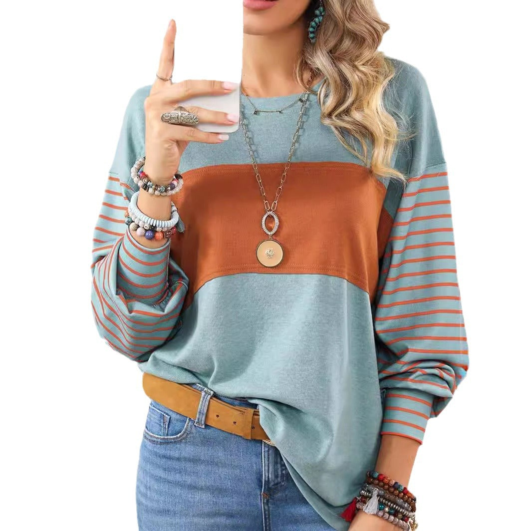 Women's casual color-blocked striped long sleeve round neck pullover t-shirt
