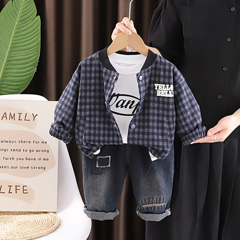 Spring and Autumn Checkered Coat Long Sleeve Three Piece Set