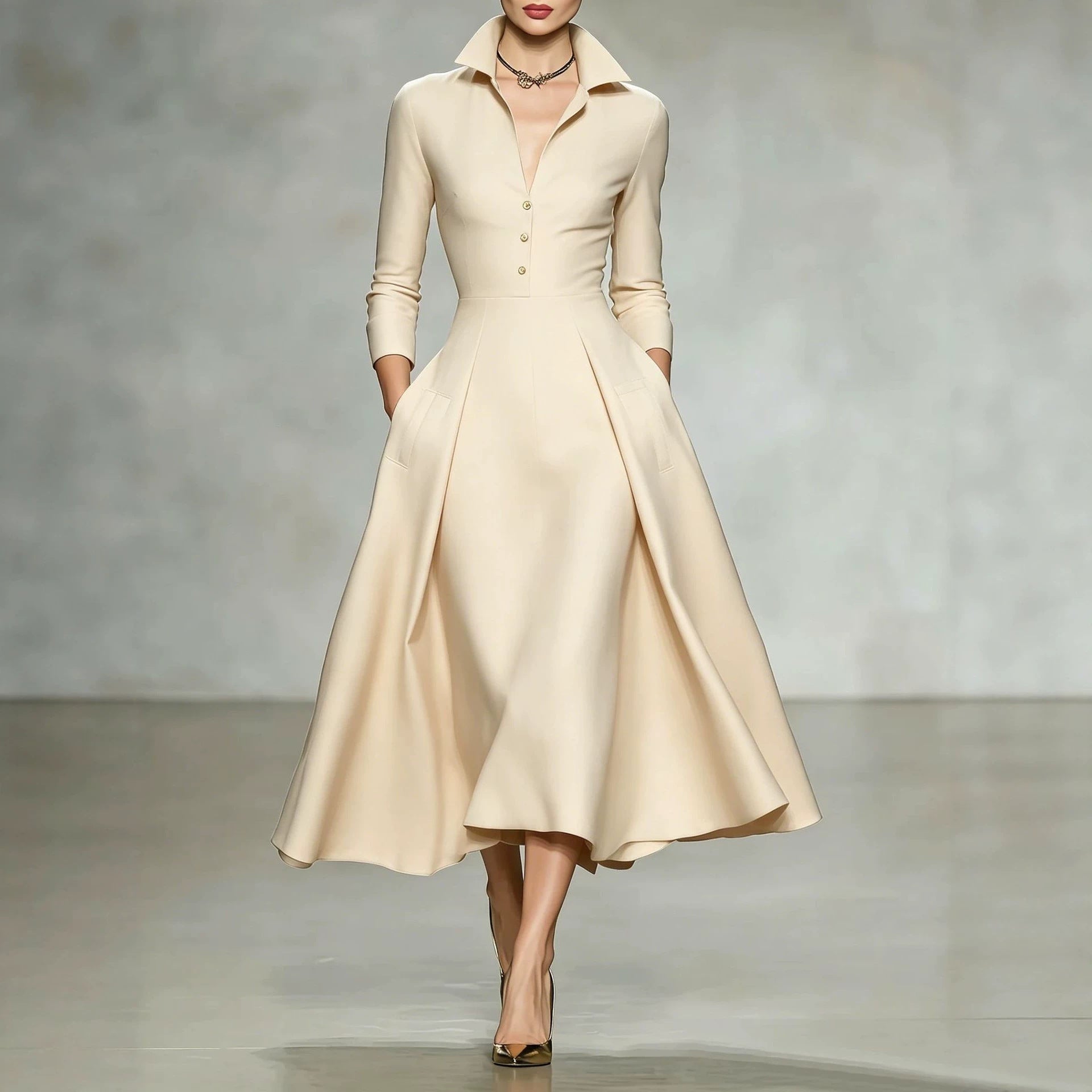 V-neck waist cinched long sleeved dress