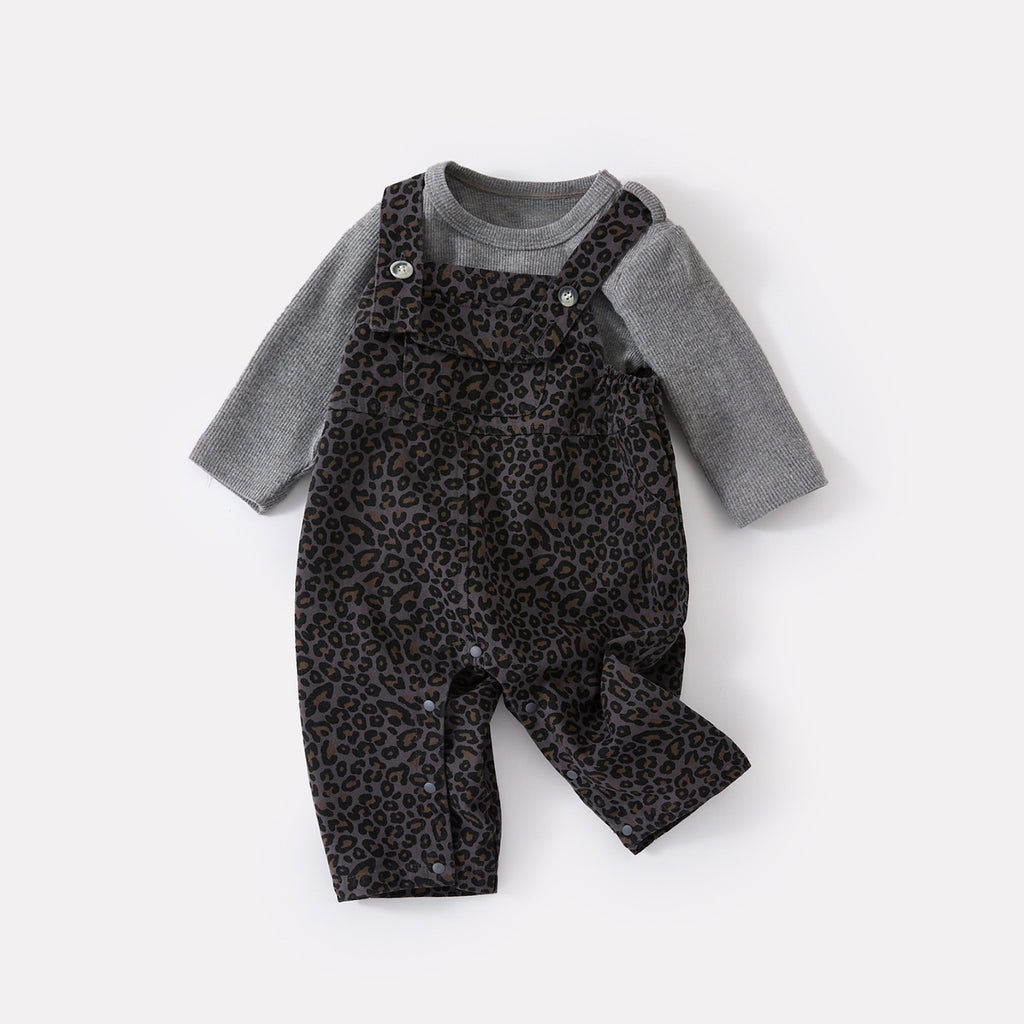 Cute Baby Leopard Print Overalls Set Kids  Bodysuit Bottoms Two-Piece Outfit