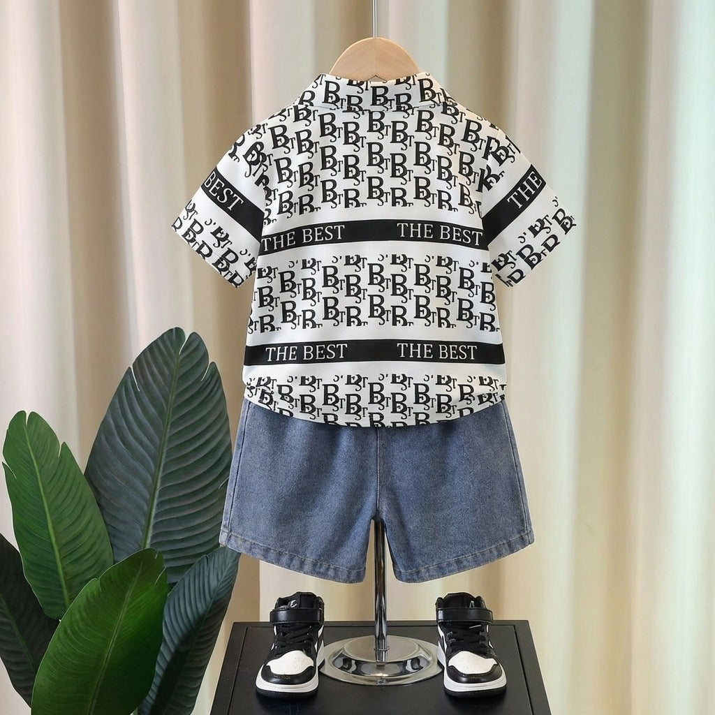 Kids Letter Print Short Sleeve Shirt Set, Boy's Loose Denim Shorts Two-Piece Set