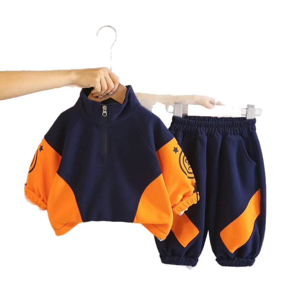 Children's Spring and Autumn Baby Half Zipper Long Sleeve Hoodie Two Piece Set