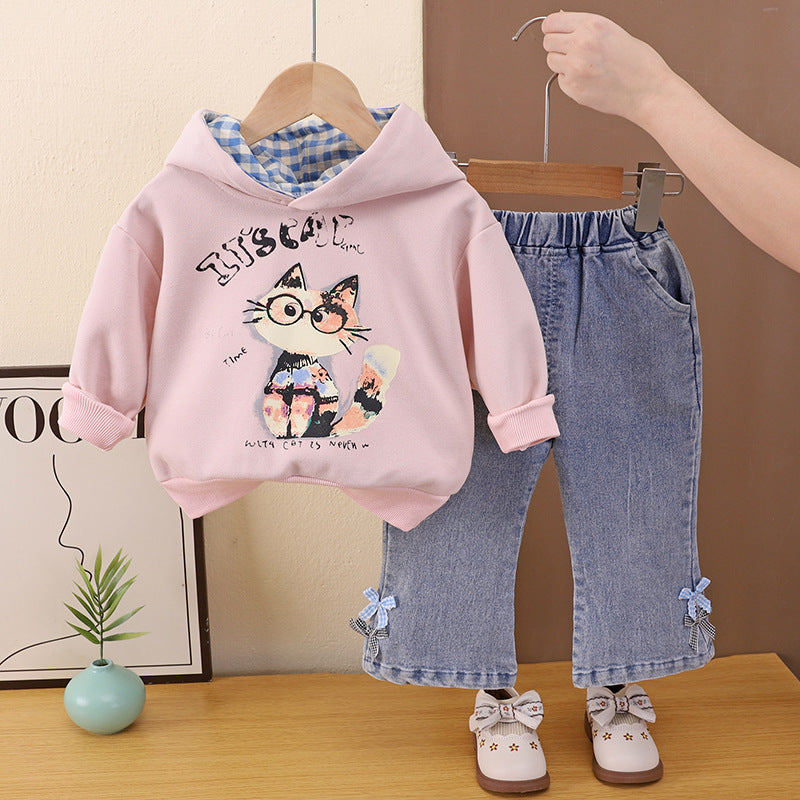 Baby girl hooded long sleeved two-piece set for infants and children