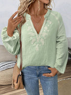 Ethnic Style Fashion Design V-Neck Embroidered Pure Cotton Top for Women