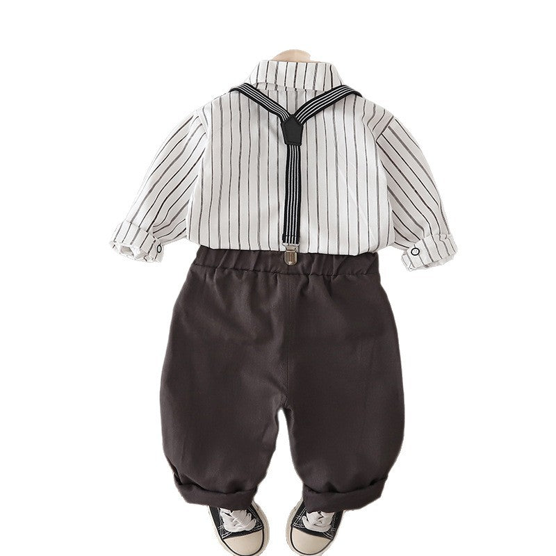 Children's Baby Vertical Tie Strap Pants Long Sleeve Two Piece Set