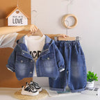 Hooded denim long sleeved three piece set
