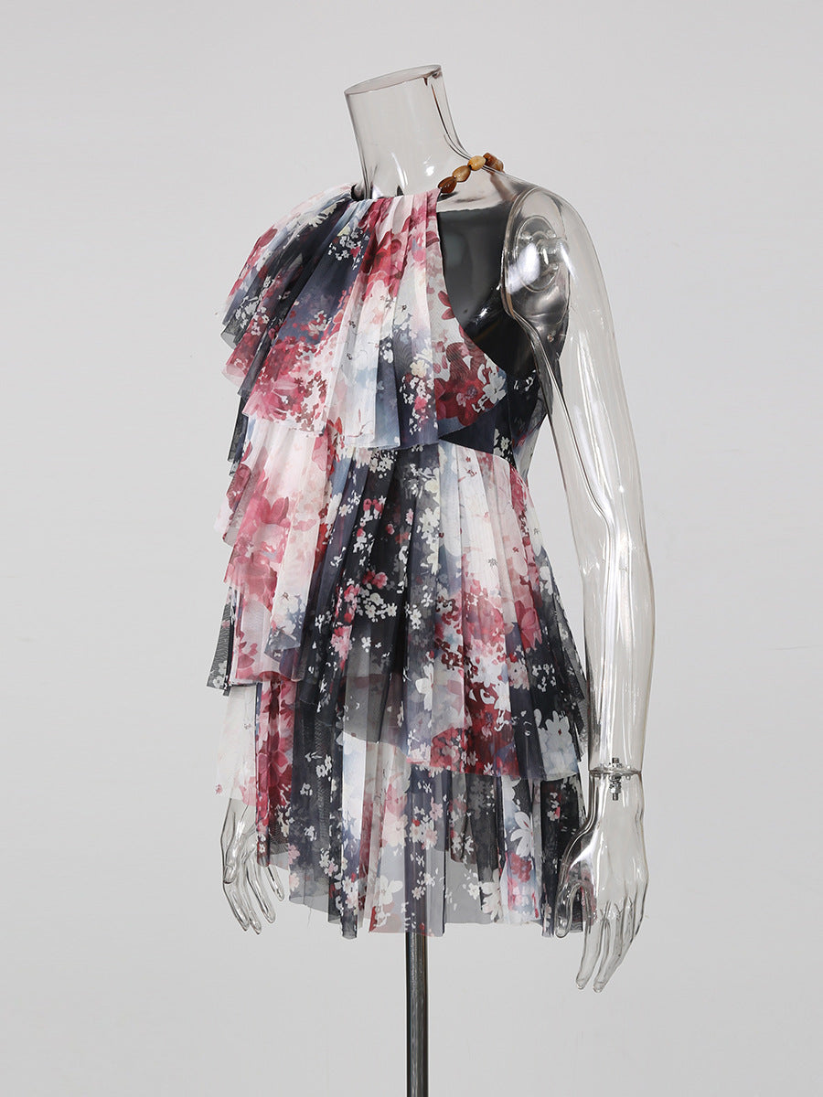 One-Shoulder Tunika mit Blumenprint und Tuell-Rüschen – Ansicht 3