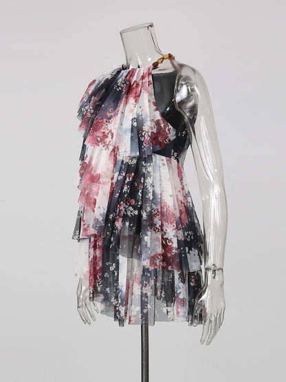 One-Shoulder Tunika mit Blumenprint und Tuell-Rüschen – Ansicht 3