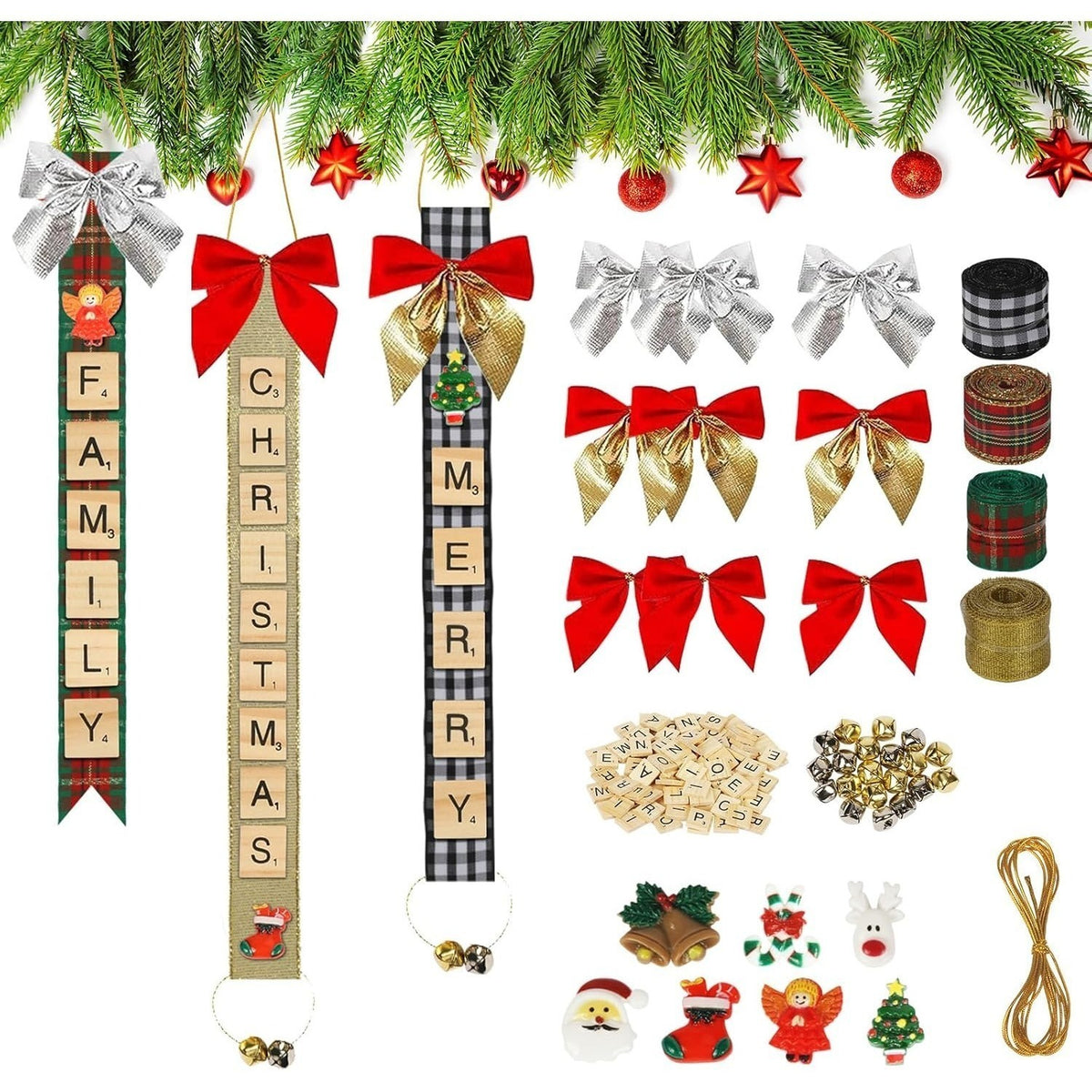 Weihnachtliches Geschenkdeko-Set mit Schleifen, Glöckchen und Buchstaben – Bild 4