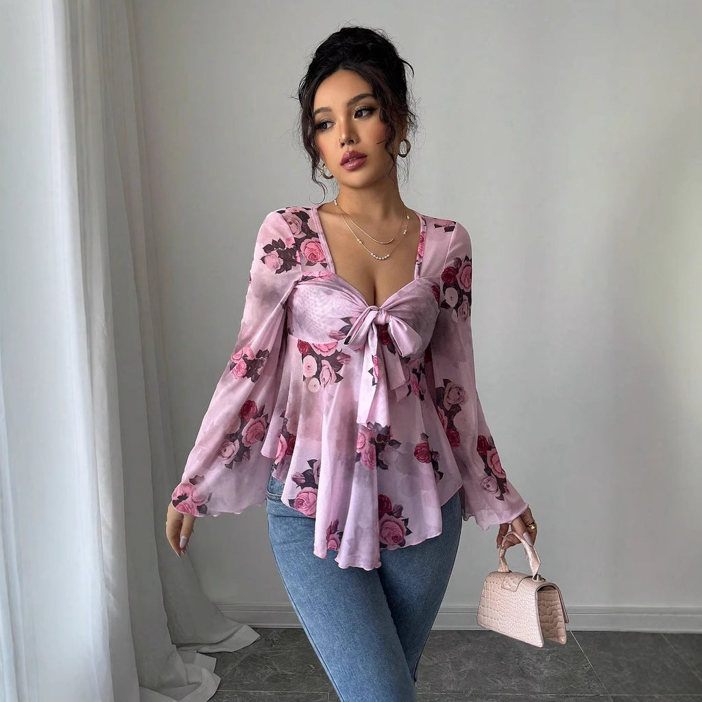 Sweet Floral Ombre Tie-Back Square Neck Long Sleeve Blouse