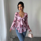 Sweet Floral Ombre Tie-Back Square Neck Long Sleeve Blouse