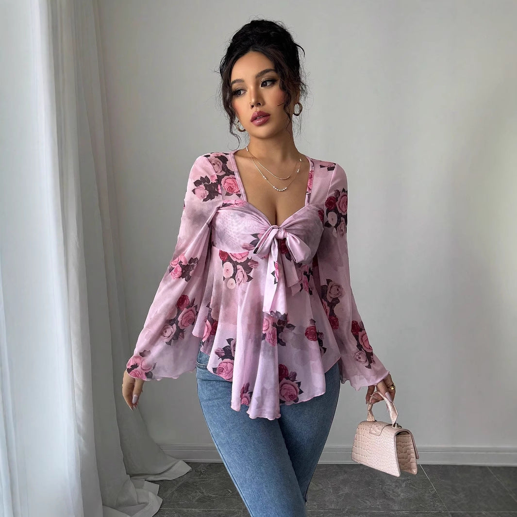 Sweet Floral Ombre Tie-Back Square Neck Long Sleeve Blouse
