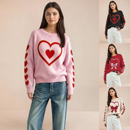Pullover Damen mit Herz-Motiv, Strickpulli mit Schleife
