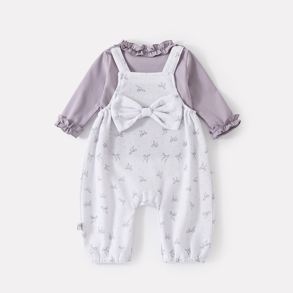 Long Sleeve Bodysuit with Bow Print Knit Overalls Set for Autumn