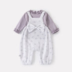 Long Sleeve Bodysuit with Bow Print Knit Overalls Set for Autumn
