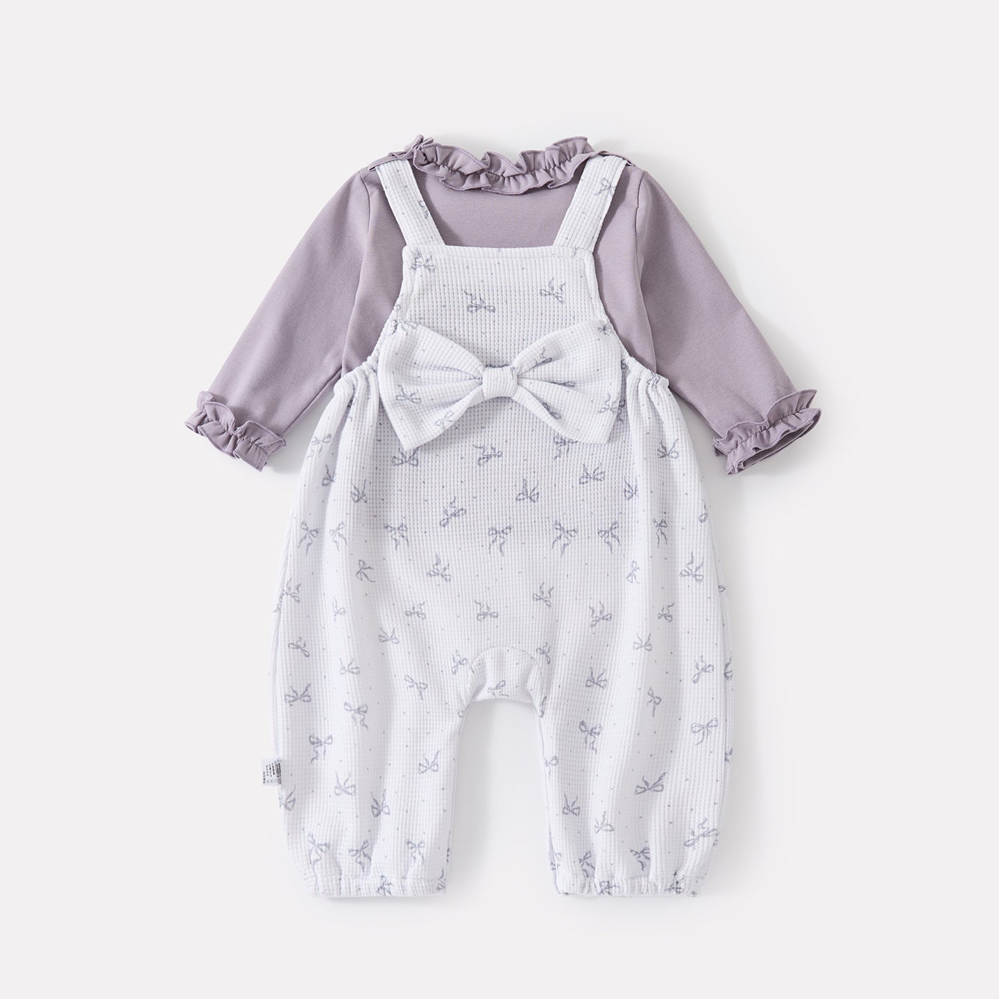 Long Sleeve Bodysuit with Bow Print Knit Overalls Set for Autumn