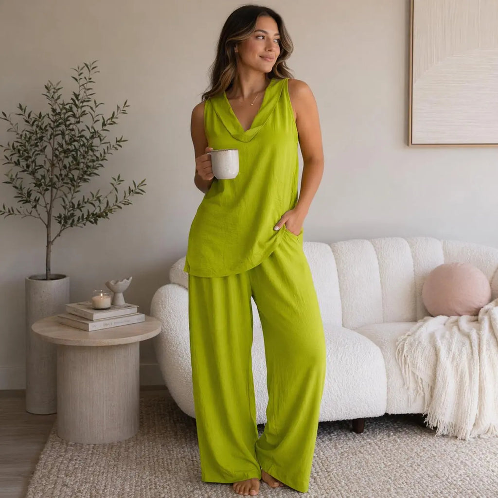 Boho Two Piece Set - Perfect for Beach, Vacation & Brunch! Sleeveless Top Wide Leg Pants Set #Twopieceset #Widelegpants #Sleeveless #Summeroutfit #Bohofashion #OOTD #Womensfashion #Casualset