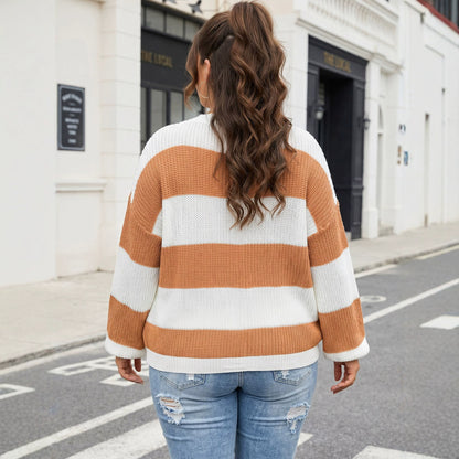 Damen Pullover Übergröße Colorblock Streifen Strickpulli warm