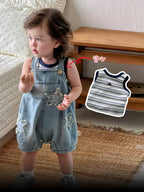 Toddler Overalls Shorts Set, Boys Vest T-Shirt, Fashionable Casual Denim Two-Piece Set