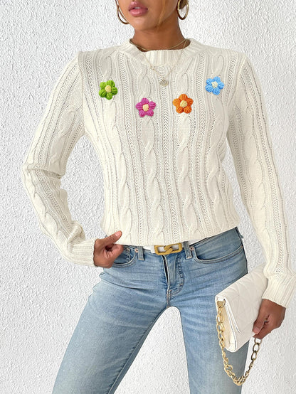 Damen-Top mit Rundhalsausschnitt, Pullover mit einfacher handgehäkelter Blumen-Applikation, gewebter Pullover