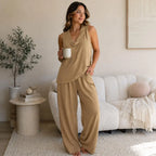Boho Two Piece Set - Perfect for Beach, Vacation & Brunch! Sleeveless Top Wide Leg Pants Set #Twopieceset #Widelegpants #Sleeveless #Summeroutfit #Bohofashion #OOTD #Womensfashion #Casualset