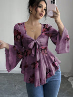 Sweet Floral Ombre Tie-Back Square Neck Long Sleeve Blouse
